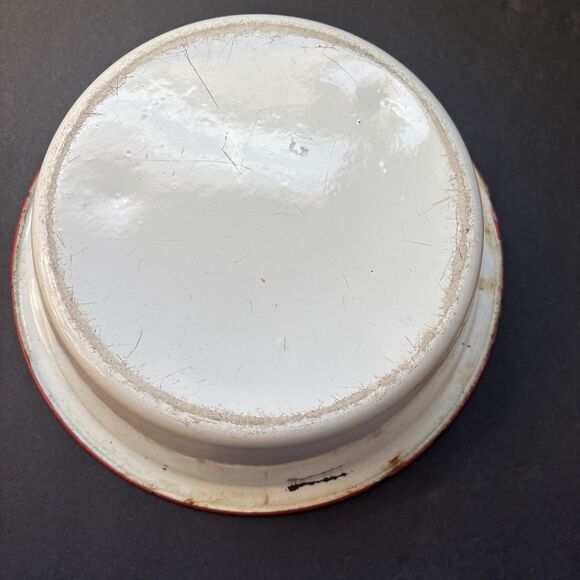 Vintage White Red Enamelware Wash Basin Bowl Farmhouse Rustic Distressed 10” - Picture 6 of 7